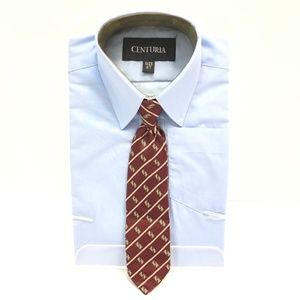 Centuria Boys Blue Dress Shirt Burgundy Khaki Cream Clip-on Tie Size 2T